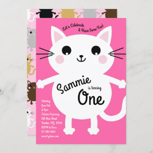 Cute Kitty Chat coloré 1er anniversaire Invitation