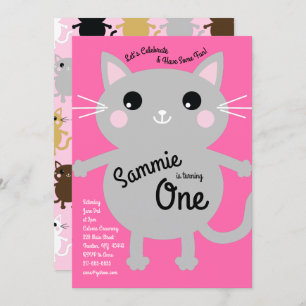 Cute Kitty Chat coloré 1er anniversaire Invitation