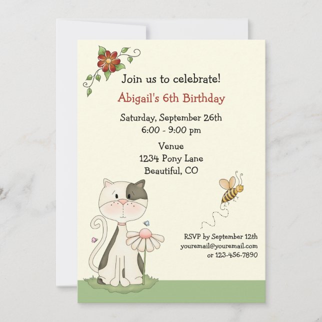 Cute Kitty Chat et Fleurs Invitation Anniversaire (Devant)