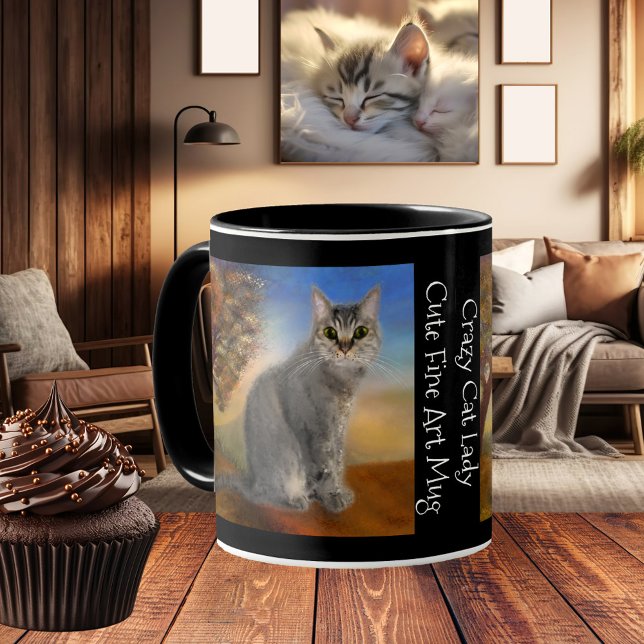 Cute Kitty Fine Art Mug (Cute mug featuring a painting of a grey kitty cat in a colorful landscape scene)