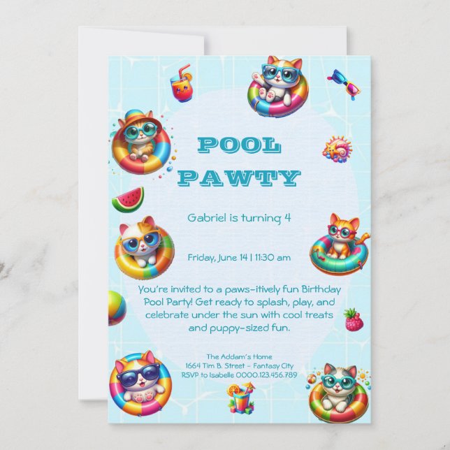 Cute Kitty Pool Fête Anniversaire Invitation (Devant)