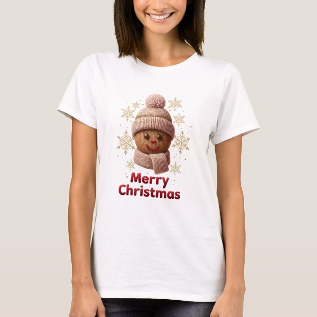 Cute Knitted Gingerbread Merry Christmas T-Shirt | (Devant)