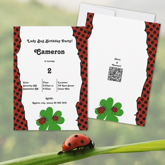 Cute Lady Bug Party 2e Anniversaire Carte d'invita (Cute Lady Bug Tear Edge 2nd Birthday Party Invitation, 5x7 Inch, Portrait Format, Flat Card)