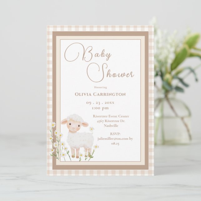 Cute Lamb Gingham Vintage Baby Shower Invitation (Debout devant)