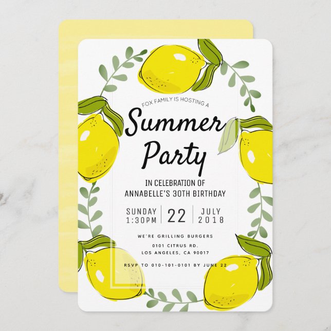 Cute Lemon Citrus White Summer Party Invitation (Devant / Derrière)