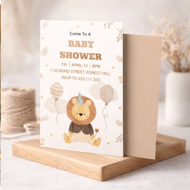 Cute Lion Baby Shower Invitation | Neutral Safari  (Créateur téléchargé)