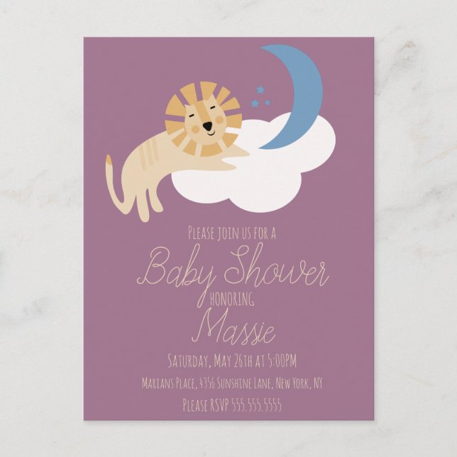 Cute Lion Moon Cloud Baby shower Invitation Postca (Devant)