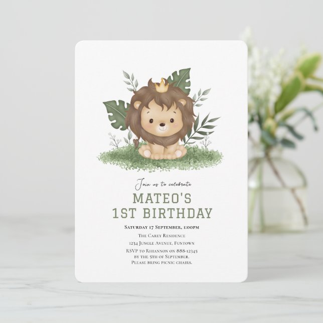 Cute Lion Safari animaux invitation anniversaire (Debout devant)