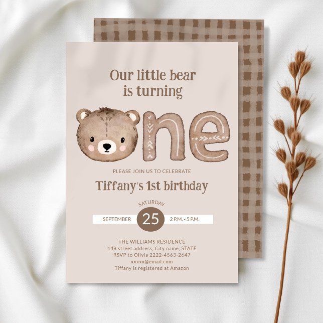 Cute Little Bear 1er Anniversaire Invitation - Neu (Wild One minimalistic 1st Birthday Invitation | Neutral Baby Bear Party Invite)