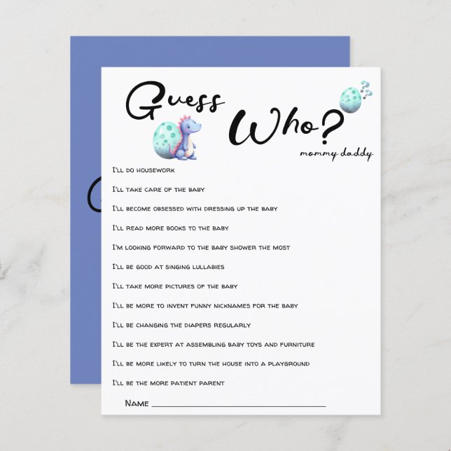 Cute Little Dinosaur Baby shower Devinez Qui Joue (Devant / Derrière)