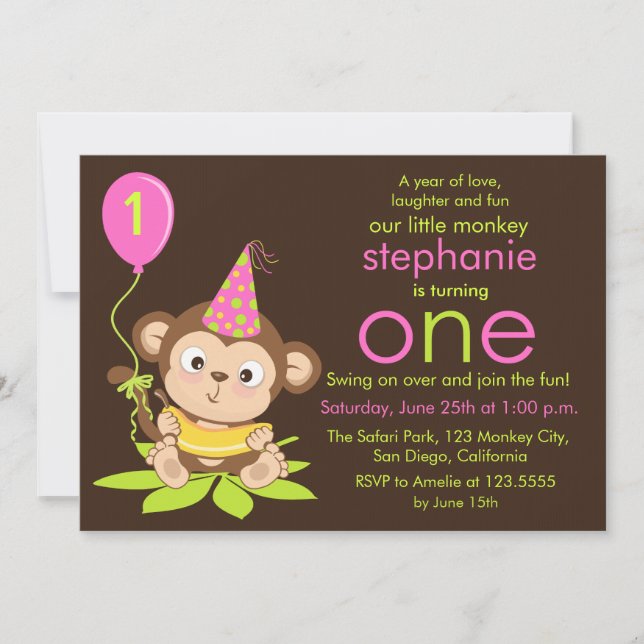 Cute Little Monkey First Birthday Invitation (Devant)