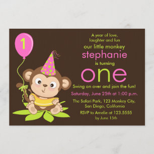 Cute Little Monkey First Birthday Invitation