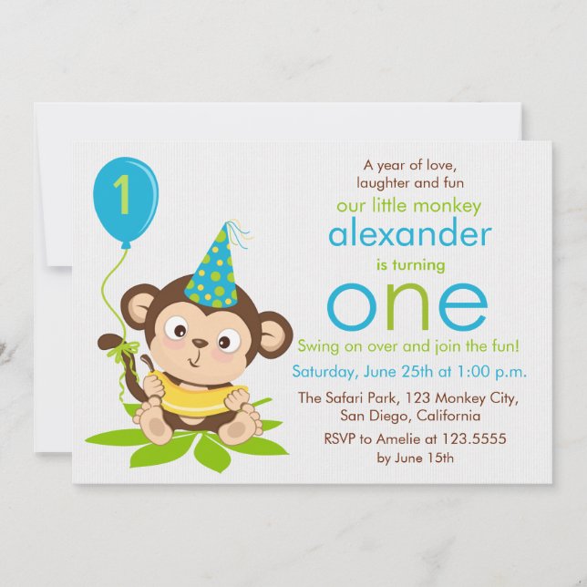 Cute Little Monkey First Birthday Invitation (Devant)