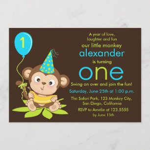 Cute Little Monkey First Birthday Invitation