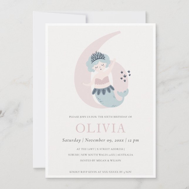 Cute Little Pink Blue Mermaid 6e Invitation d'anni (Devant)