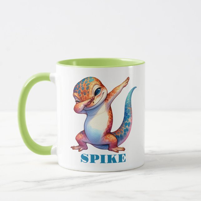 Cute Lizard Dabbing Orange Blue Green Mug (Gauche)