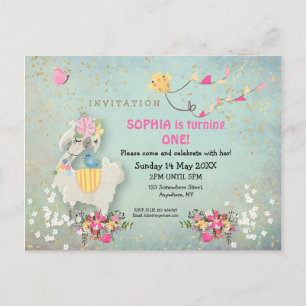 Cute Llama et florales Première Invitation d'anniv