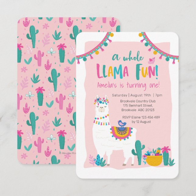 Cute Llama fun cactus Anniversaire Invitation (Devant / Derrière)
