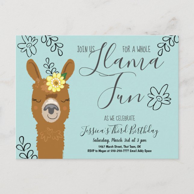 Cute Llama Fun Girls Birthday Party Invitation (Devant)