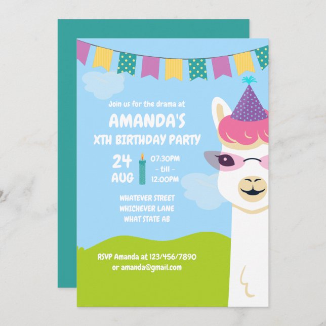 Cute Llama thème Anniversaire de enfant invitation (Devant / Derrière)