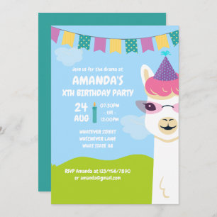 Cute Llama thème Anniversaire de enfant invitation