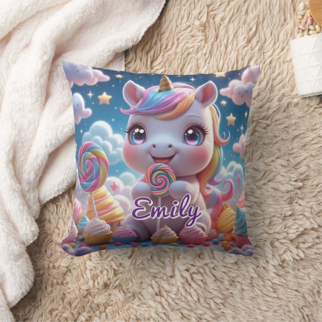 Cute Lollipop Unicorn Coussin - Nom modifiable (Couverture)
