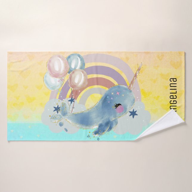 Cute Magique Mer Unicorne Nom personnalisé        (Serviette de bain)