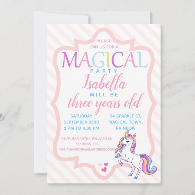 Cute Magique Unicorn rose Anniversaire Invitation (Devant)
