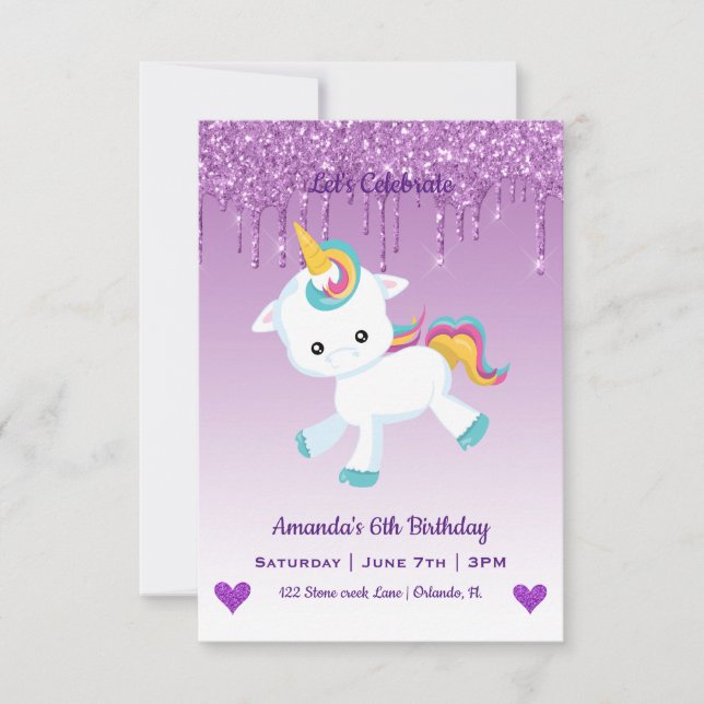 Cute Magique Unicorne & Coeurs Invitation Annivers (Devant)