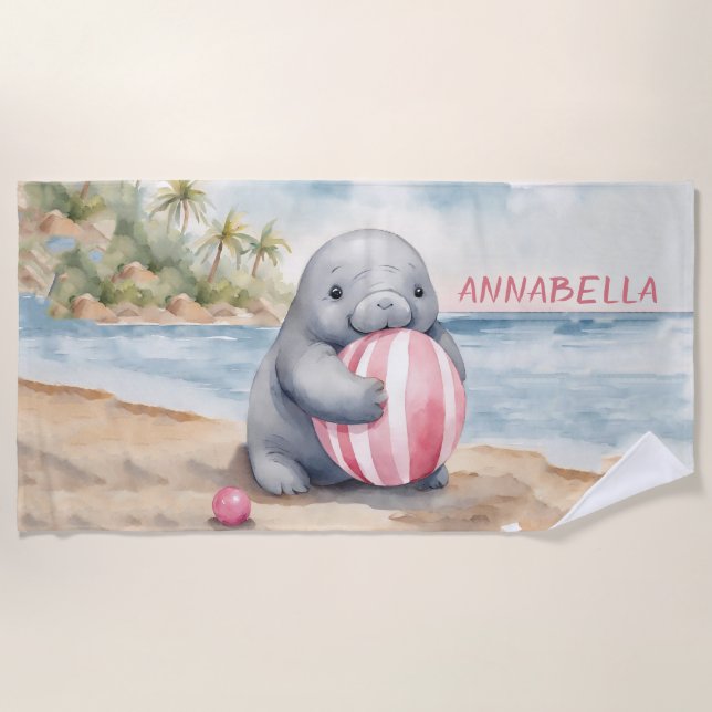 Cute Manatee Girl Beach Serviette (Devant)