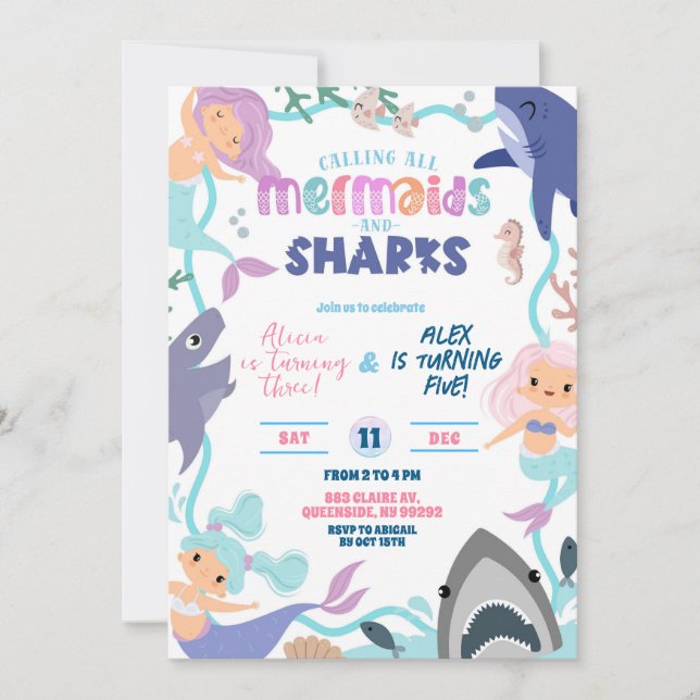 Cute Memaid and Sharks Joint Birthday invitation (Devant)