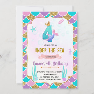 Cute mermaid 4e anniversaire invitation