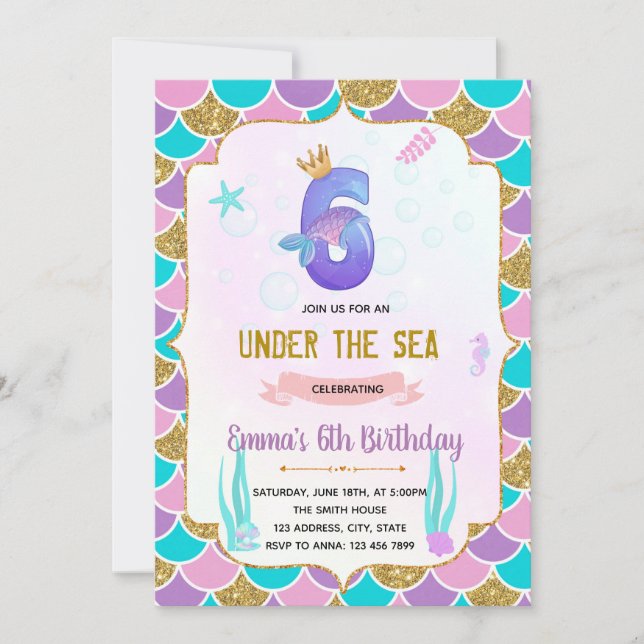 Cute mermaid 6ème anniversaire invitation (Devant)