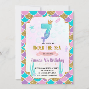 Cute mermaid 7e anniversaire invitation