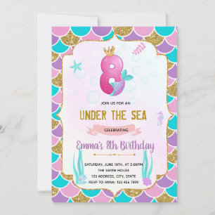 Cute mermaid 8e anniversaire invitation