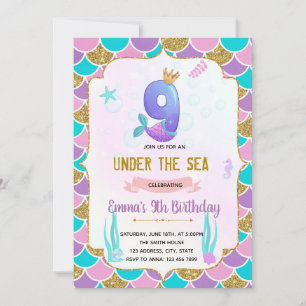 Cute mermaid 9e anniversaire invitation