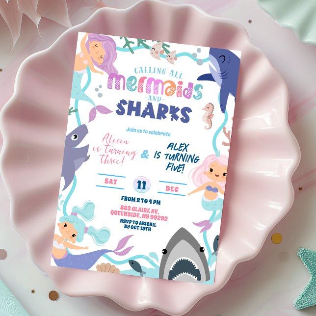 Cute Mermaid and Sharks Joint Birthday invitation (Créateur téléchargé)
