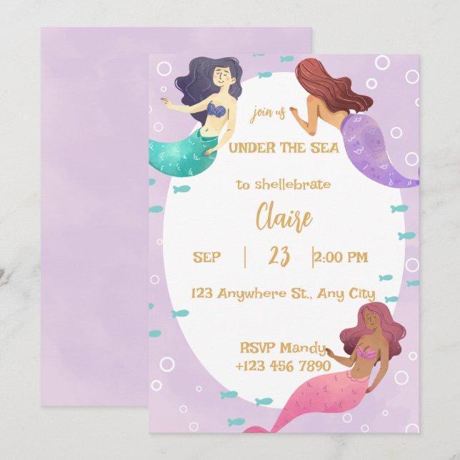 Cute Mermaid Birthday Invitation (Devant / Derrière)