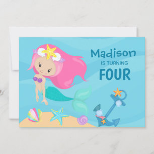 Cute Mermaid Girl Custom Birthday Party Invitation