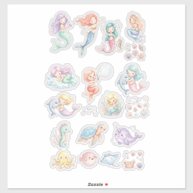 Cute Mermaid & Ocean Animals Sticker Set – Pastel  (Feuille)