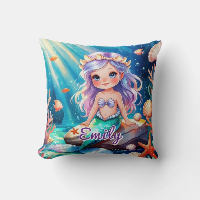 Cute Mermaid Ocean Coussin - Nom modifiable (Recto)