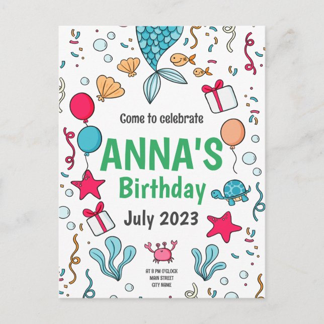 Cute Mermaid Tail, Mermaid Invitation Anniversaire (Devant)