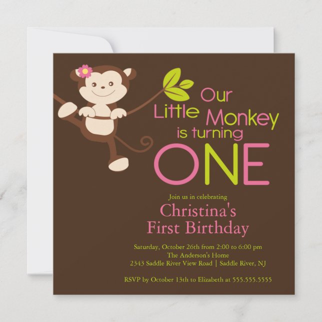 Cute Modern Monkey 1er anniversaire Invitations (Devant)