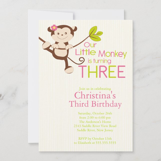 Cute Modern Monkey 3e anniversaire Invitations (Devant)