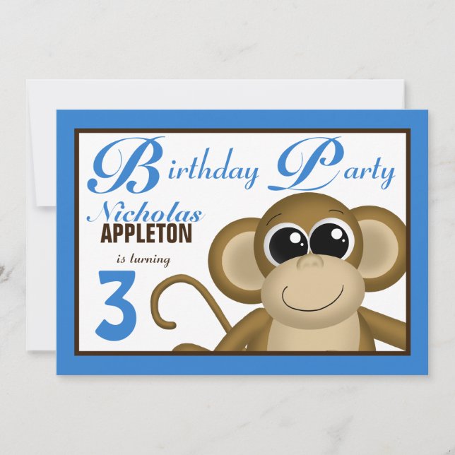 Cute Monkey Blue Anniversaire Fête Invitations (Devant)