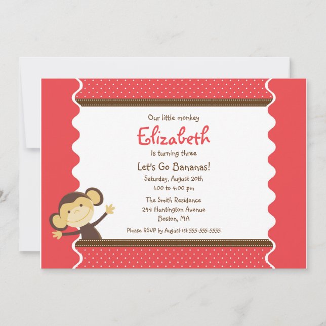 Cute Monkey Girl Birthday Invitation (Devant)