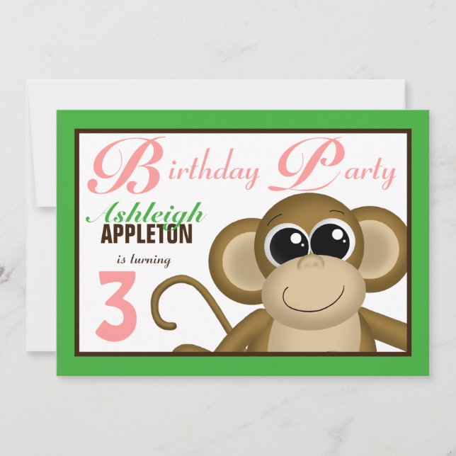 Cute Monkey Green Pink Invitations de fête d'anniv (Devant)