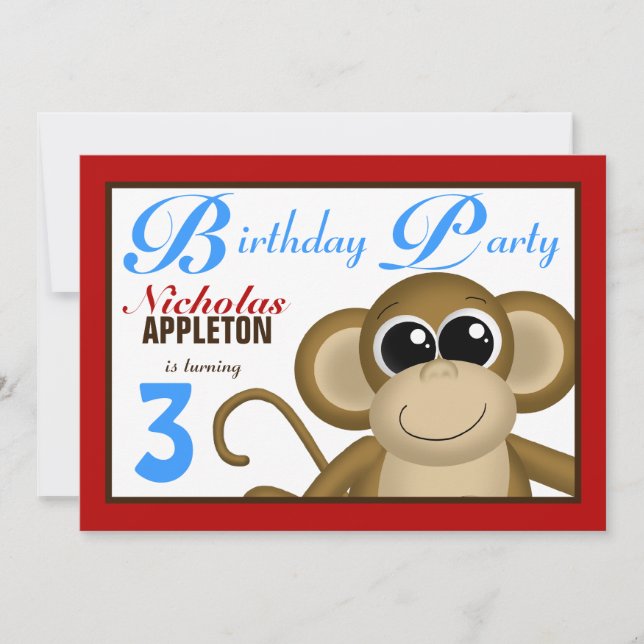 Cute Monkey Red & Blue Anniversaire Invitations (Devant)