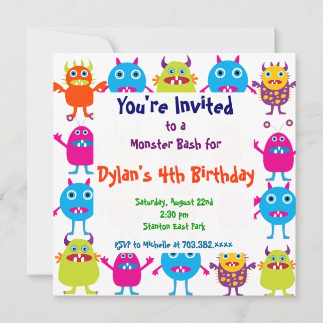 Cute Monster Anniversaire Fête Invitation Modèles (Devant)