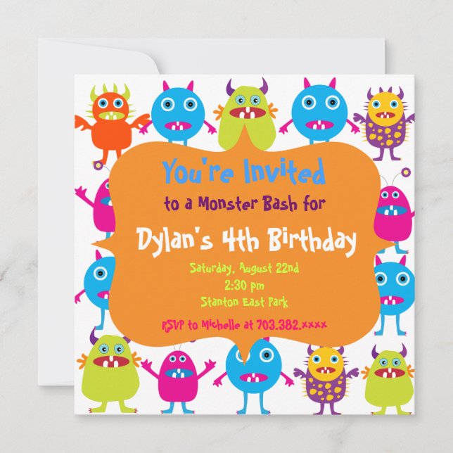Cute Monster Anniversaire Fête Invitation Modèles (Devant)